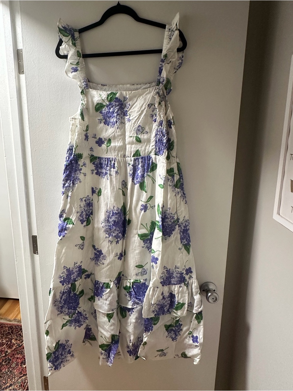 Draper James White Floral Midi Linen Dress with Purple Hydrangea Print